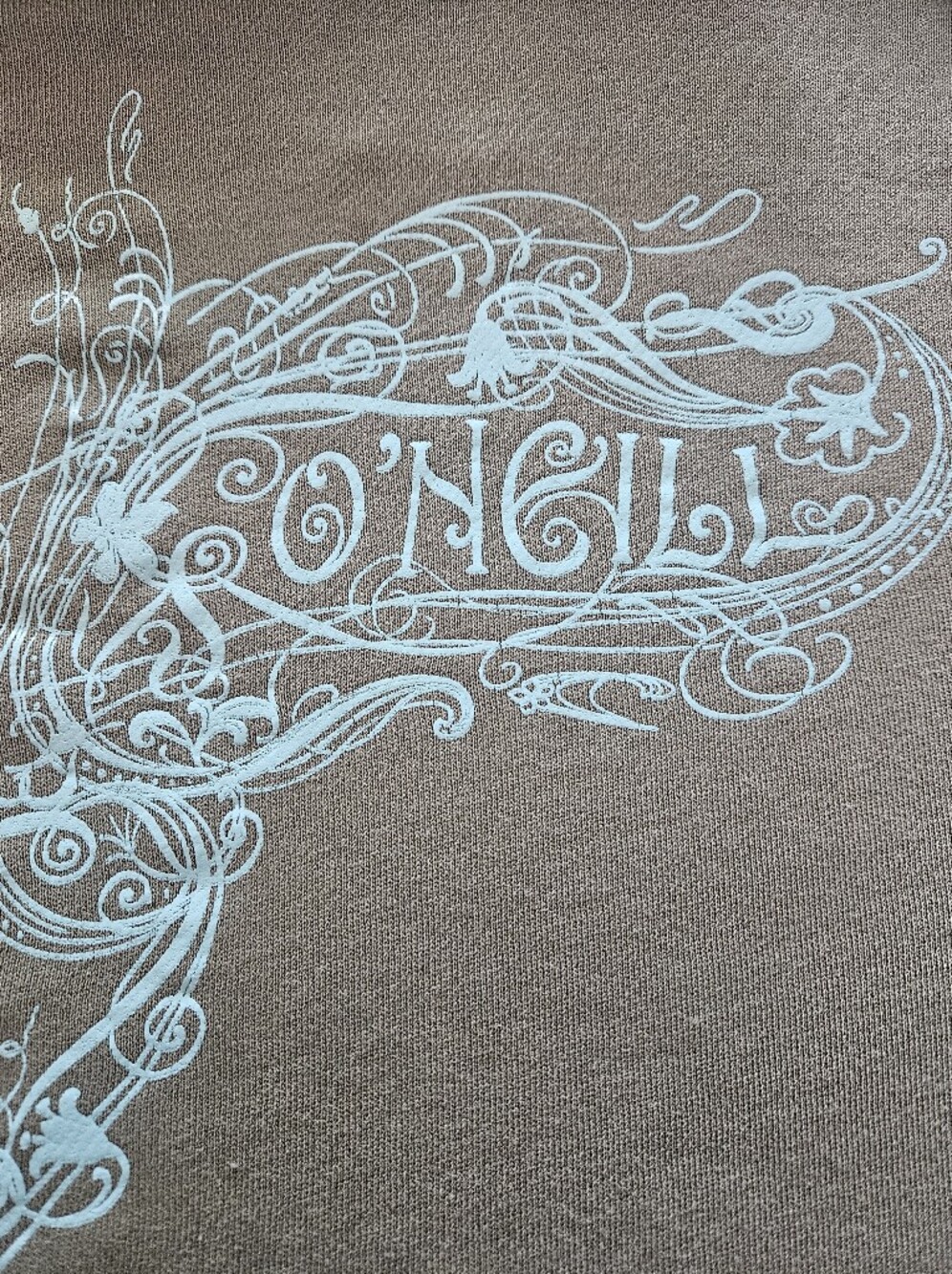 Y2K O'Neill Distressed Style Olive With Teal Blue Ornate Font Hoodie Size Large